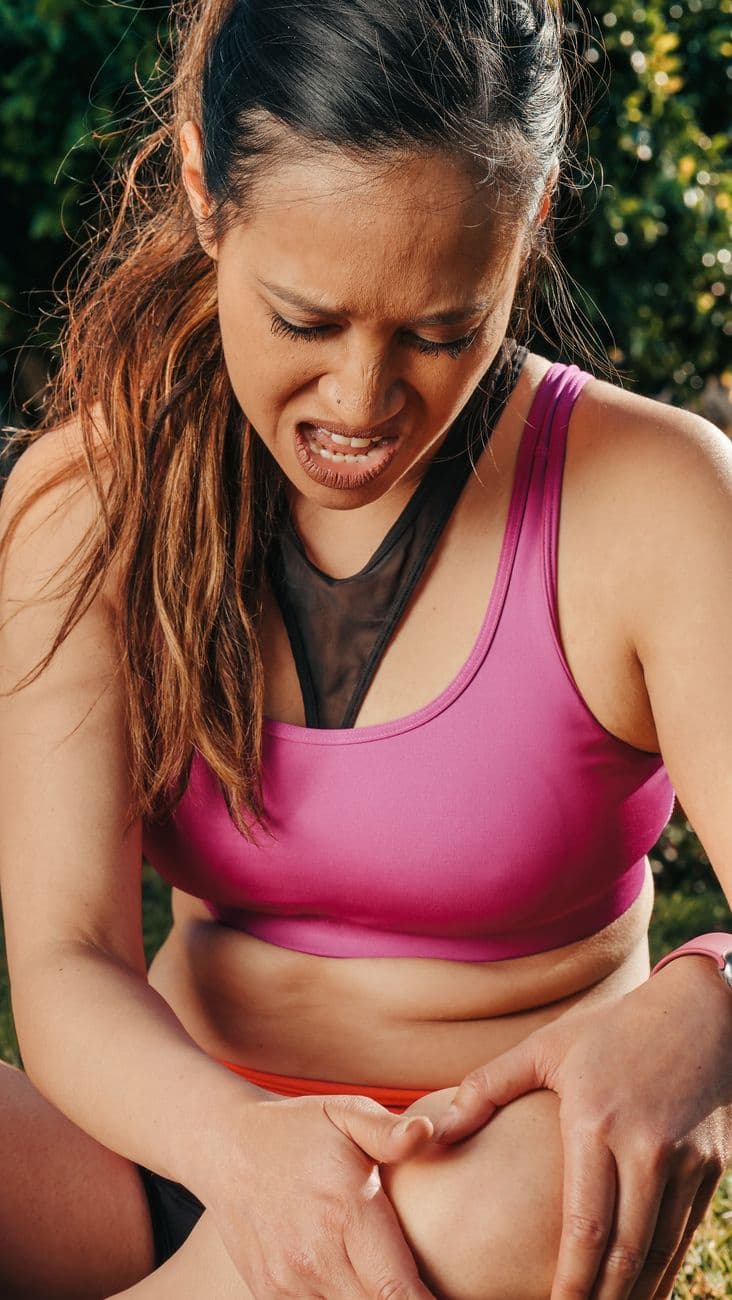 Une personne âgée souriante en tenue de sport, assise sur un tapis de yoga dans un parc, effectuant un étirement doux des jambes avec l'aide d'une bande élastique.