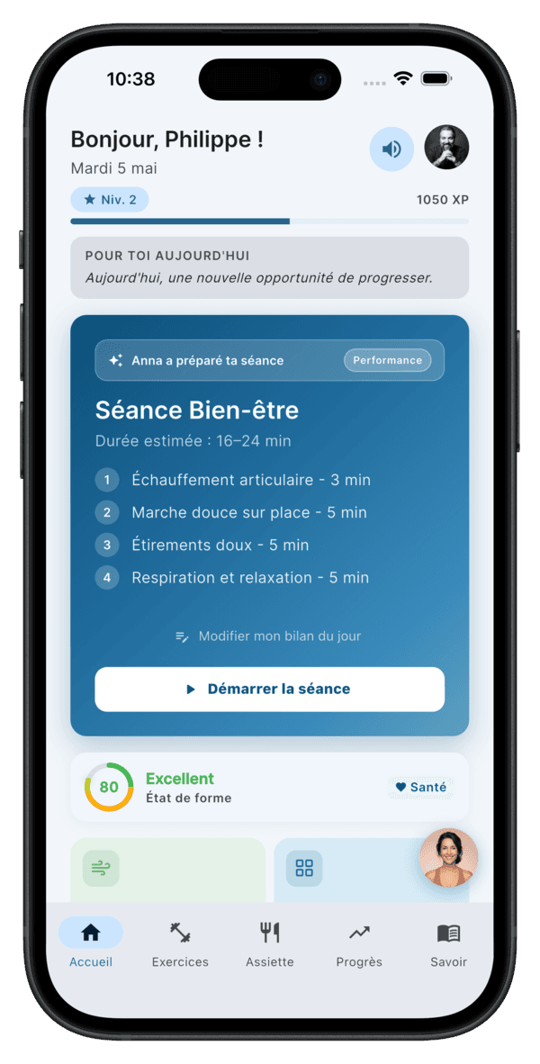 Aperçu de l'app Omnia : page d'accueil avec séance préparée par Anna