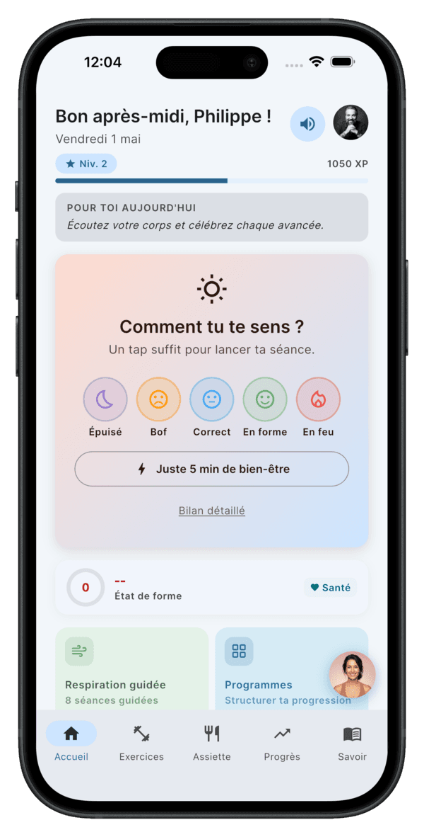 Écran d'accueil d'Omnia avec la question : comment tu te sens ?